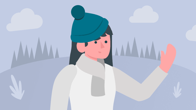 An illustration of a young woman in a beanie hat waving her hand